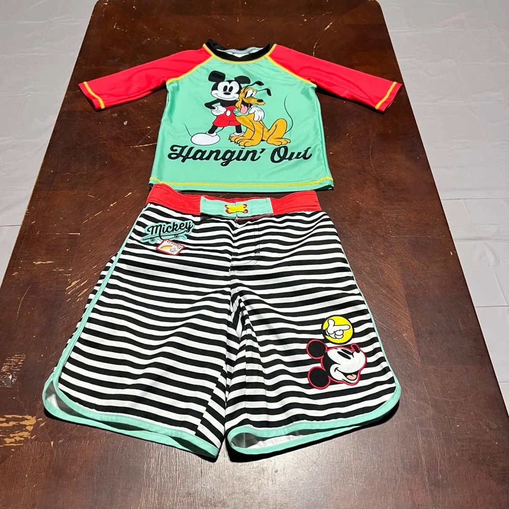 Disney Mickey Mouse Pluto Rash Guard Board Shorts Set Green Red Striped Boys 7/8